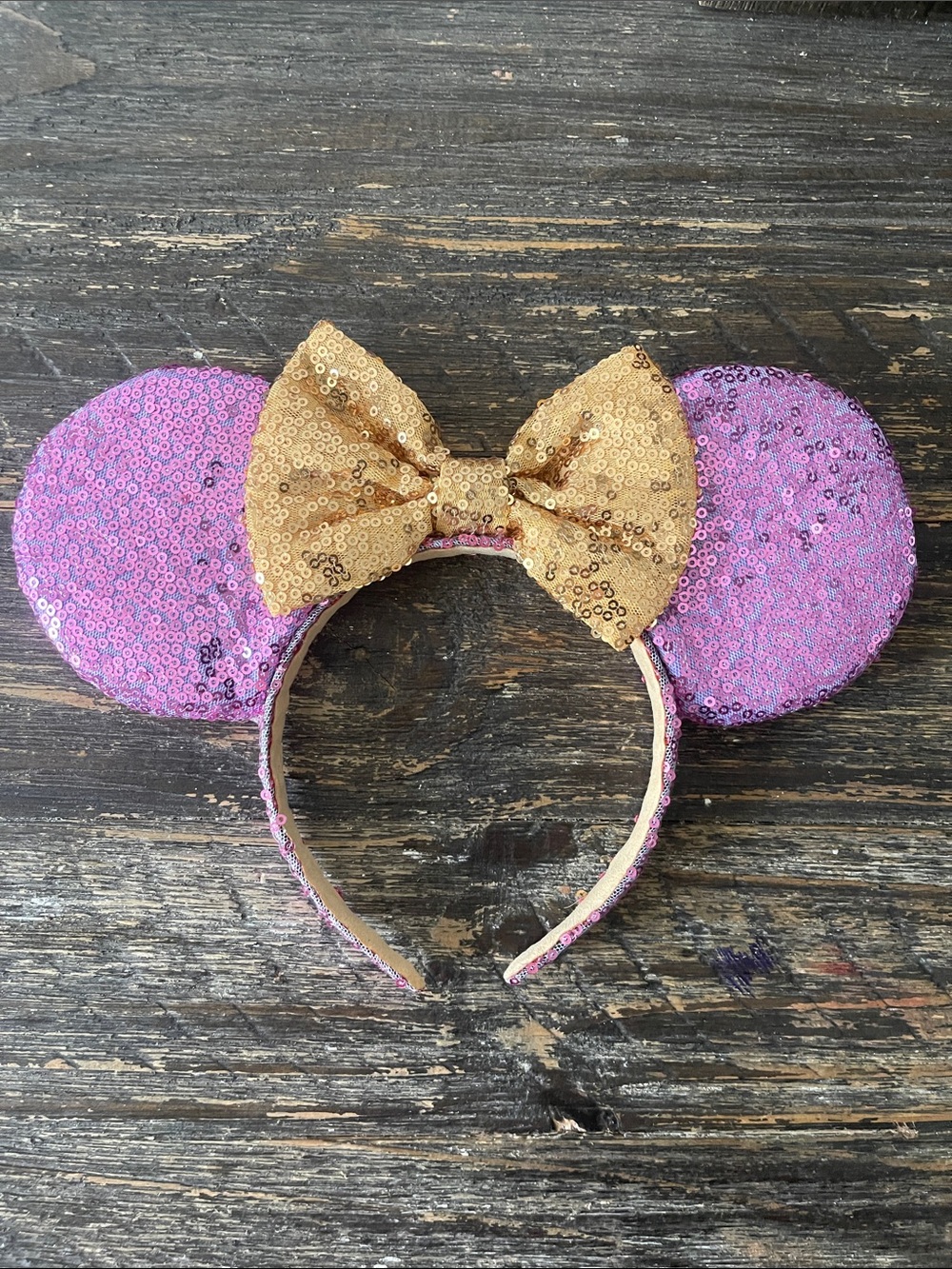 Sequin Pink Ear Headband with Gold Bow - Kids Hair Accessory